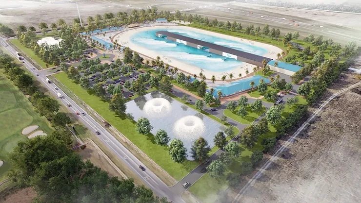 concept art of surf park with wave pool and greenery